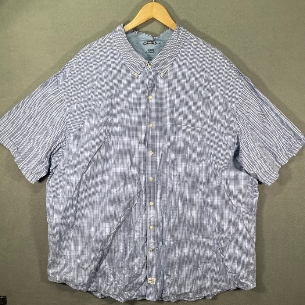 IZOD Saltwater Button Down Shirt Mens 4XLT Blue Excellent Short Sleeve Gingham